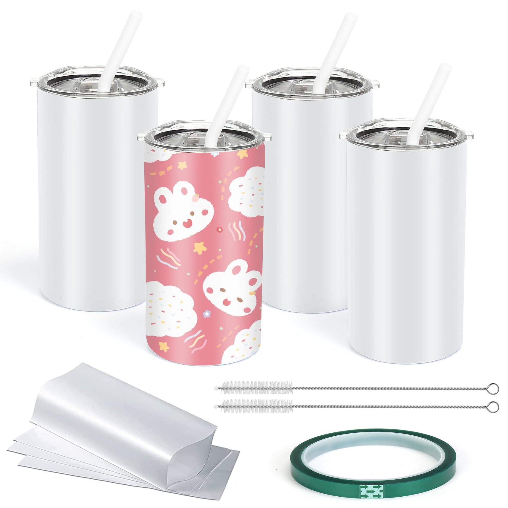 12oz Sublimation Tumblers, 4 Pack Stainless Steel Straight Skinny Kids Sublimation Tumbler with Lids and Straws Double Wall Insulated Blank Cups Apply for Kids and Adults