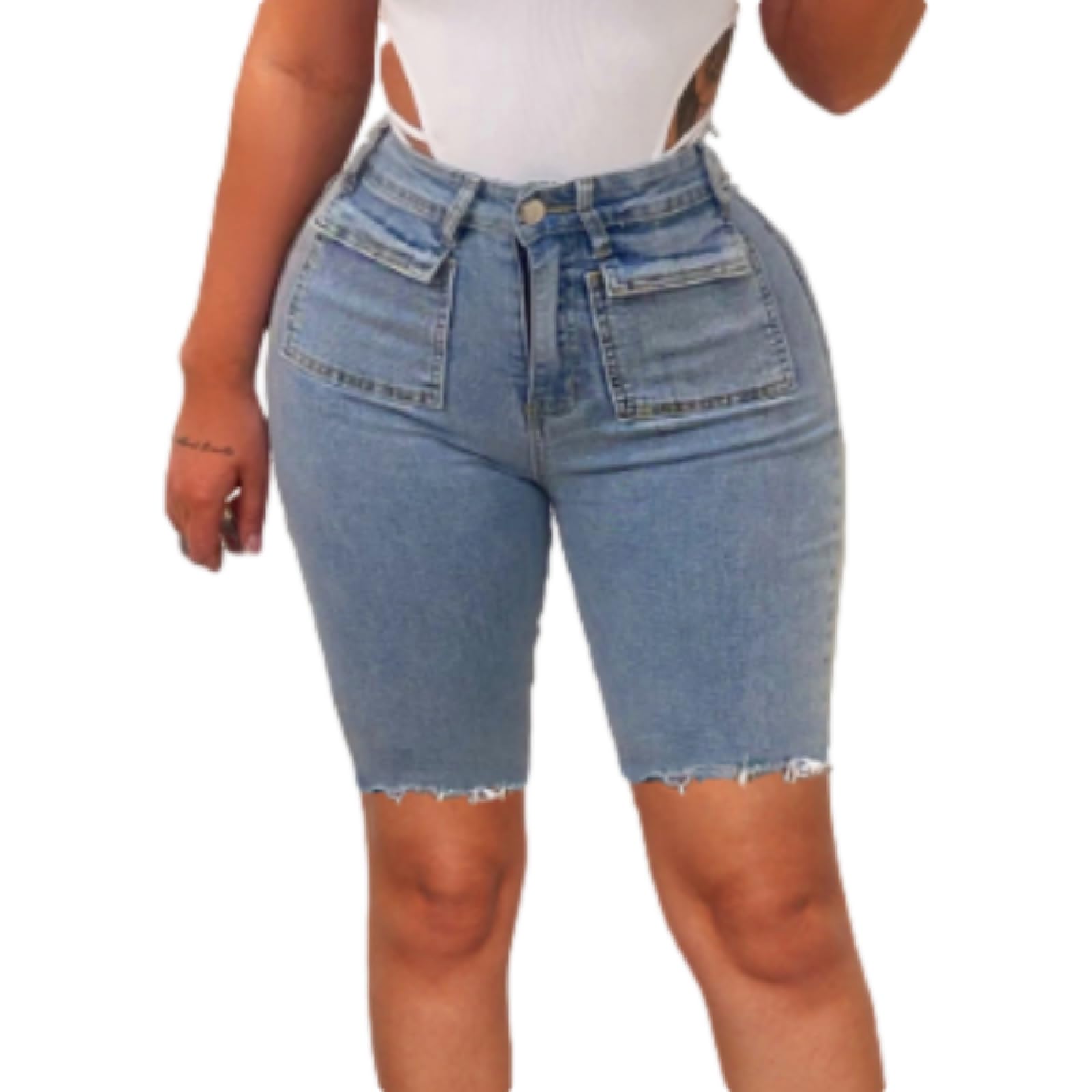 CACOM Women's Fashion Shorts High Waist Elastic Slim with Pockets Comfortable Old