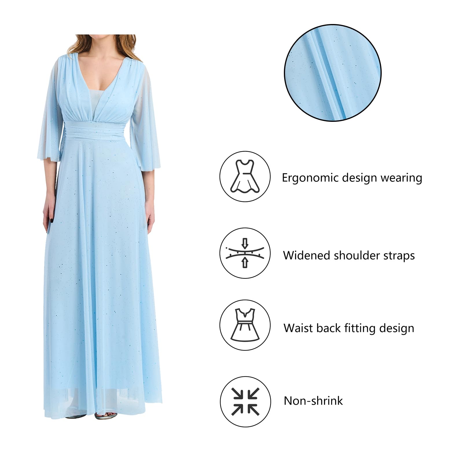 Robe longue élégante pour femme de cérémonie manches 3/4 et col en V. Taille unique réglable. Idéal pour les mariages, les événements et les fêtes. - Fabriqué en Italie