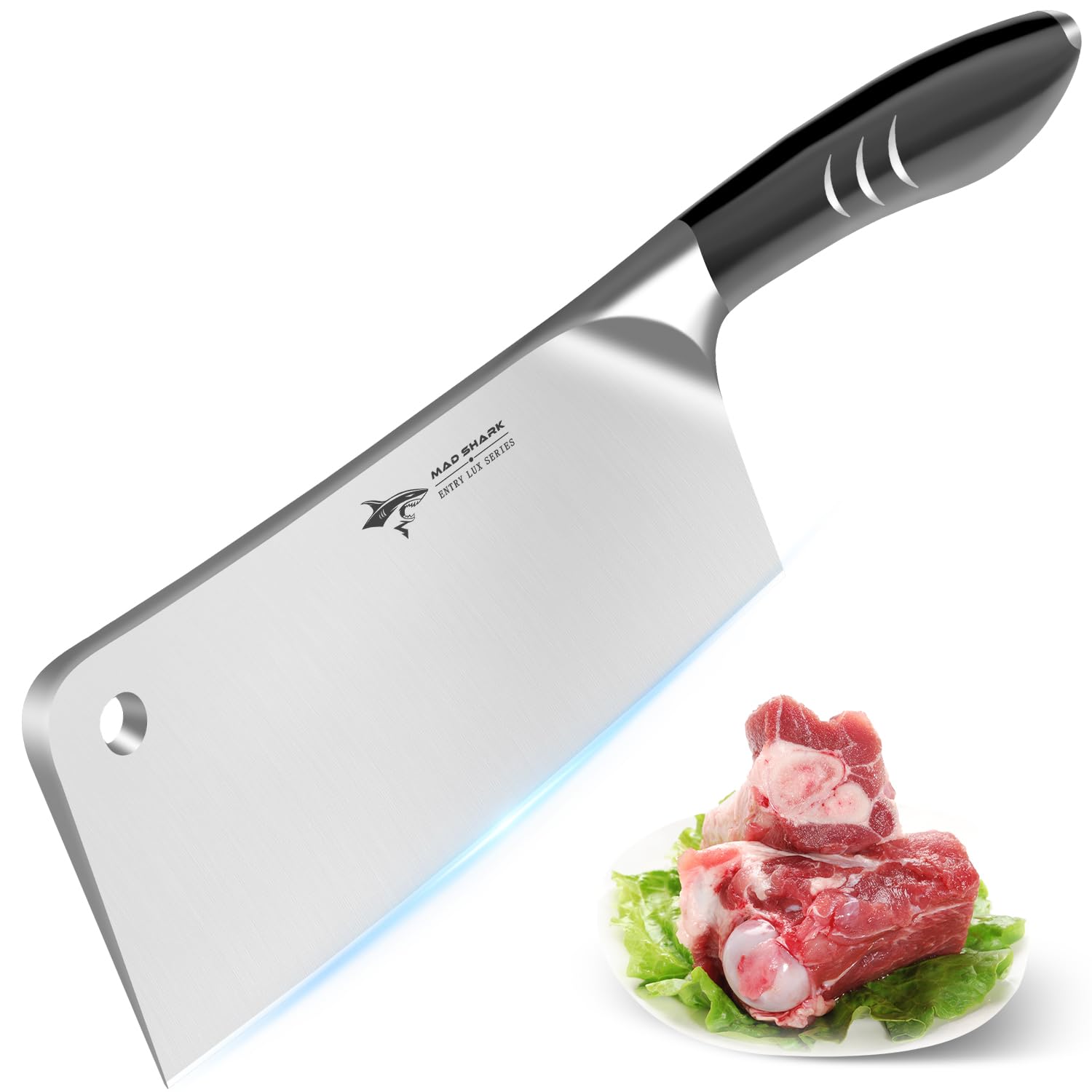 MAD SHARKMeat Cleaver Knife, German Stainless Steel Professional Butcher Chopper 7.5 Inch, Stainless Steel Handle, Heavy Duty Blade for Home Kitchen and Restaurant