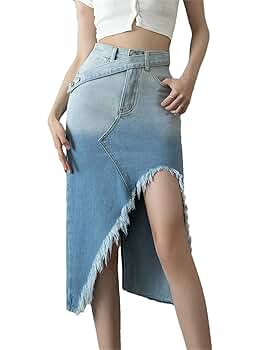 Amazon.com: Women's Gradient Asymmetrical Denim Skirt with