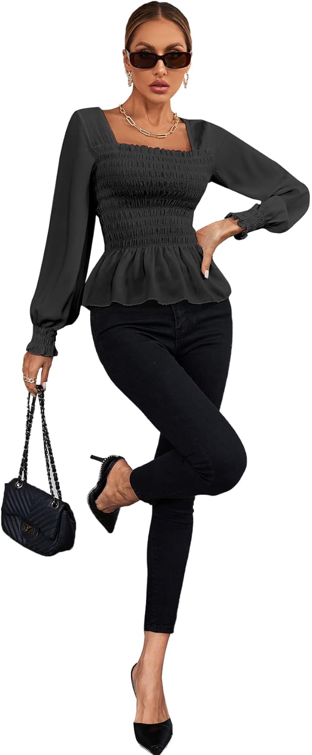 Umenlele Women's Square Neck Ruffle Frill Smocked Long Sleeve Peplum Blouse Top - Image 6