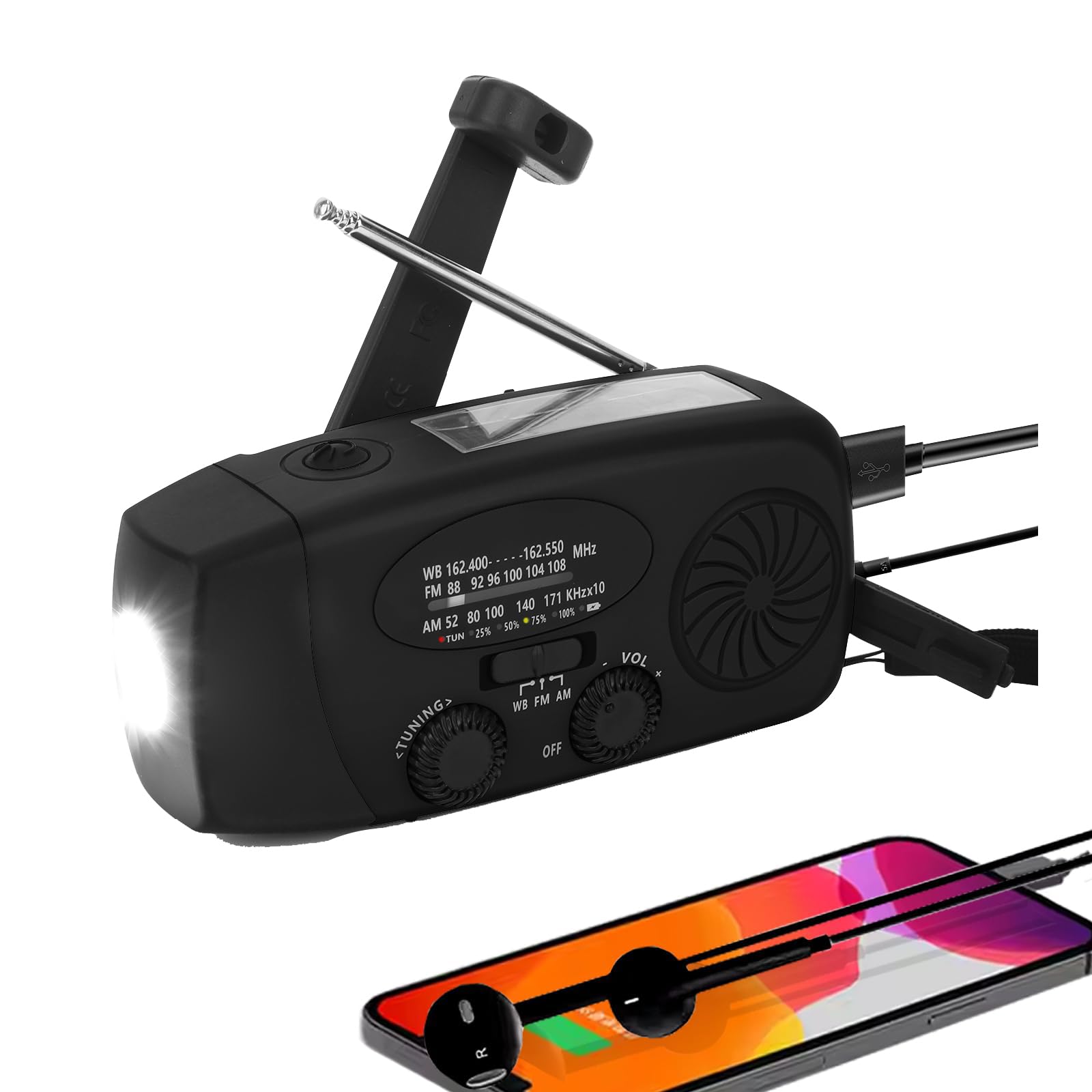 Radio Solar portátil con Am/FM/NOAA meteorológica Radio, Alarma SOS y Dinamo de manivela, Cargador de móvil USB, Linterna LED, para emergencias (Negro,batería Recargable de 2000 mAh)