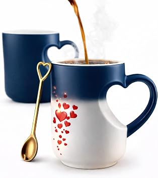 Heart Mug, 2026 New Heart-Shaped Color Changing Magic Ceramic Mug Funny Color Changing Coffee Cup That Reveals Surprise Design When Filled With Hot Beverage Romantic Gift For Couples Blue