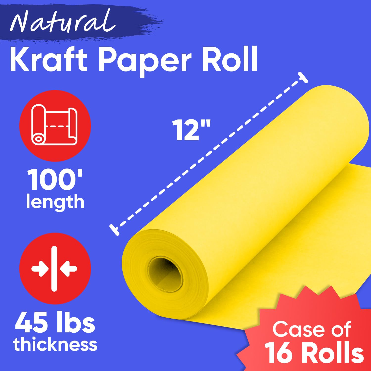 Paclord Żółty papier pakowy 12 x 1200 cali (100 stóp) (pudełko 16 rolek), grubość 45 funtów, papier do majsterkowania do szkoły, kolorowy papier artystyczny, pakowanie prezentów, papier