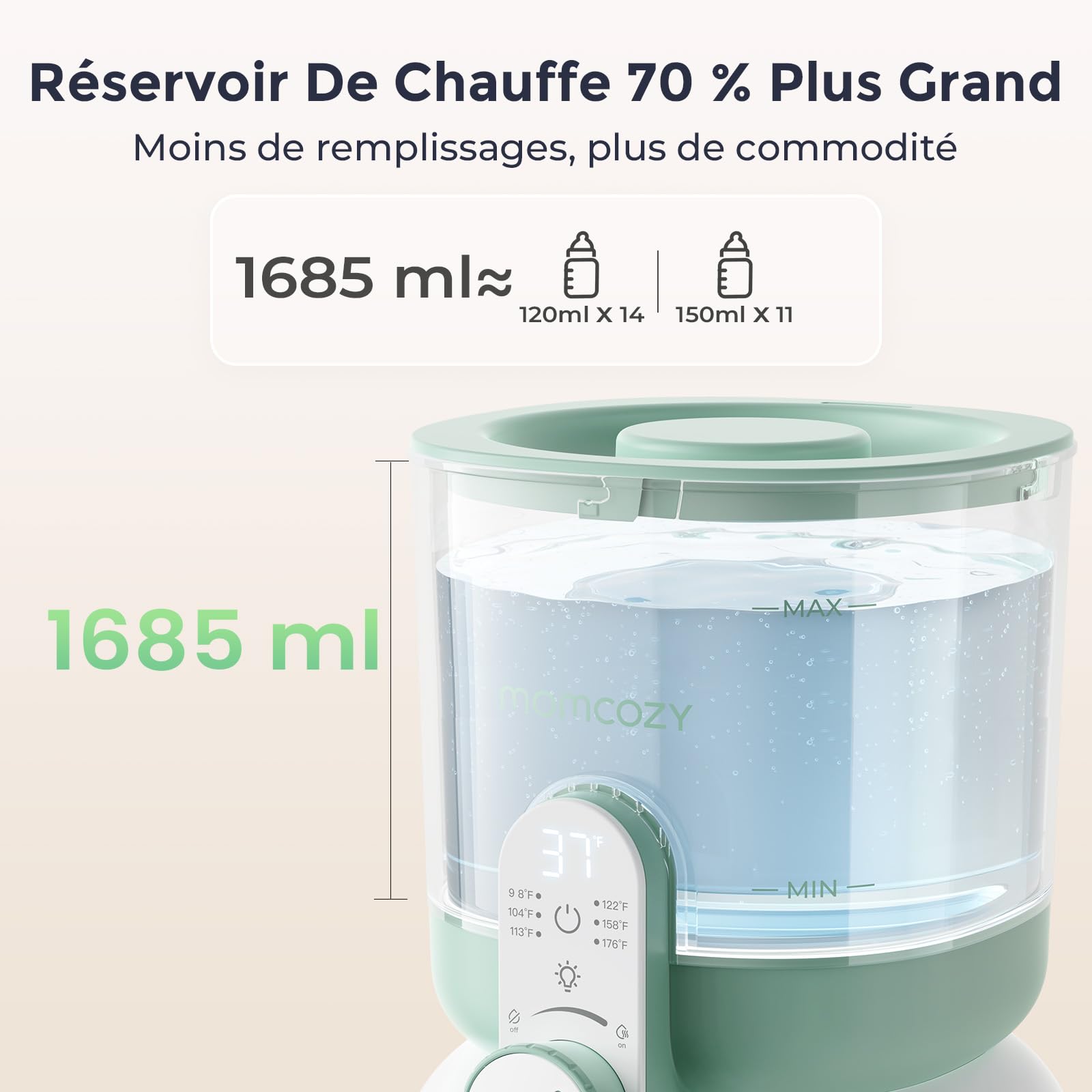 Momcozy Chauffe-Biberon, Double Veilleuse, 1685ml, 6 Températures, Précis | Instantané, Distributeur, Allaitement, Bébé, Nouveau-né, Nuit, Préparation lait, Réservoir, Compact, Cadeau, Hygiène, Voyage