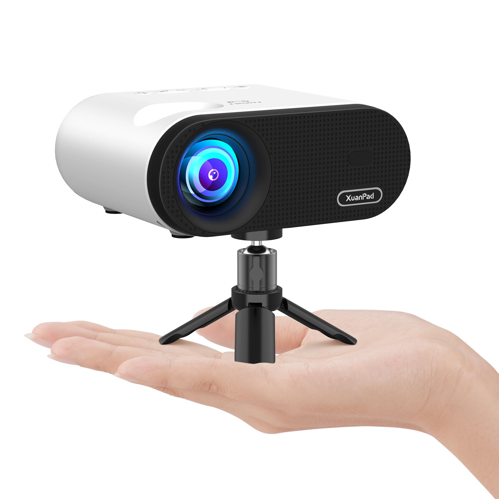Mini Beamer WiFi Bluetooth, XuanPad 20000L Beamer Klein mit Stativ unterstützt Full HD 1080P, 50% Zoom, ±15° Trapezkorrektur, Mini Projektor Kompatibel mit HDMI, USB, AV, iOS, Android, PC, TV-Stick