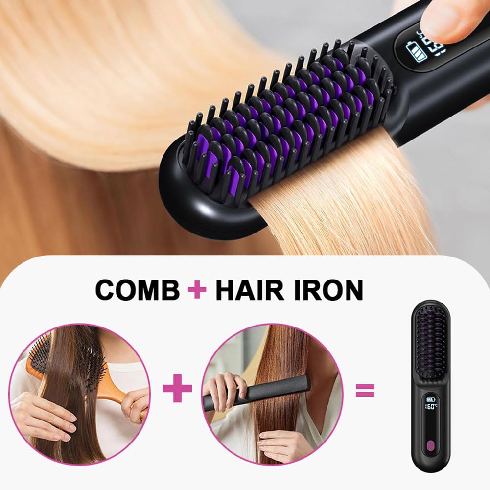 Spazzola per Capelli Elettrica, Spazzola Lisciante Senza Fili, Ricaricabile, Spazzola Riscaldante, per Donne e Uomini Senza Fili con display a LED, 3 Livelli di Temperatura per Lisciare e Arricciare