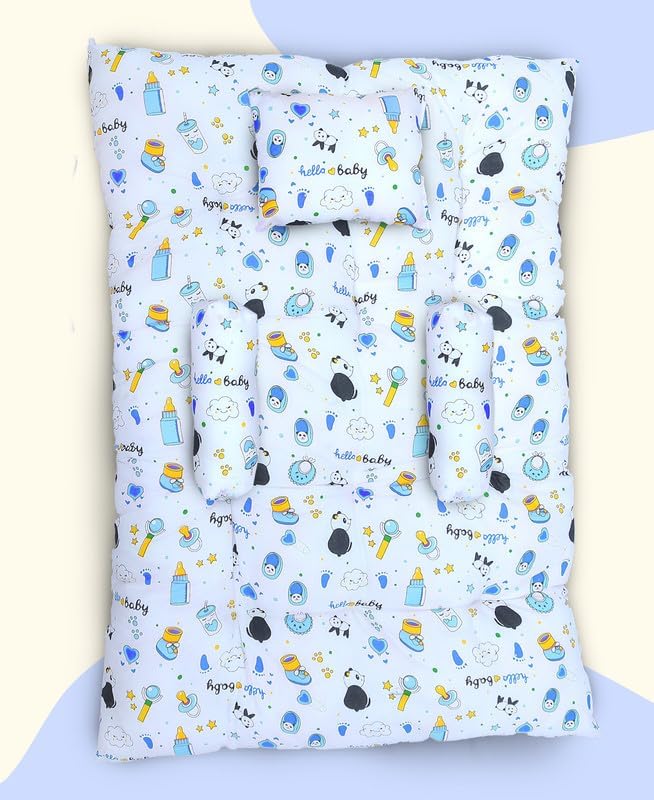 Baby Sleeping Mattress Set Cotton with Bolsters & Pillow, for 0-12 Month Newborns-Unisex (Panda Blue)