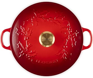 Le Creuset Enameled Cast Iron Holly Collection Soup Pot, 4.5 qt., Cerise with Gold Knob