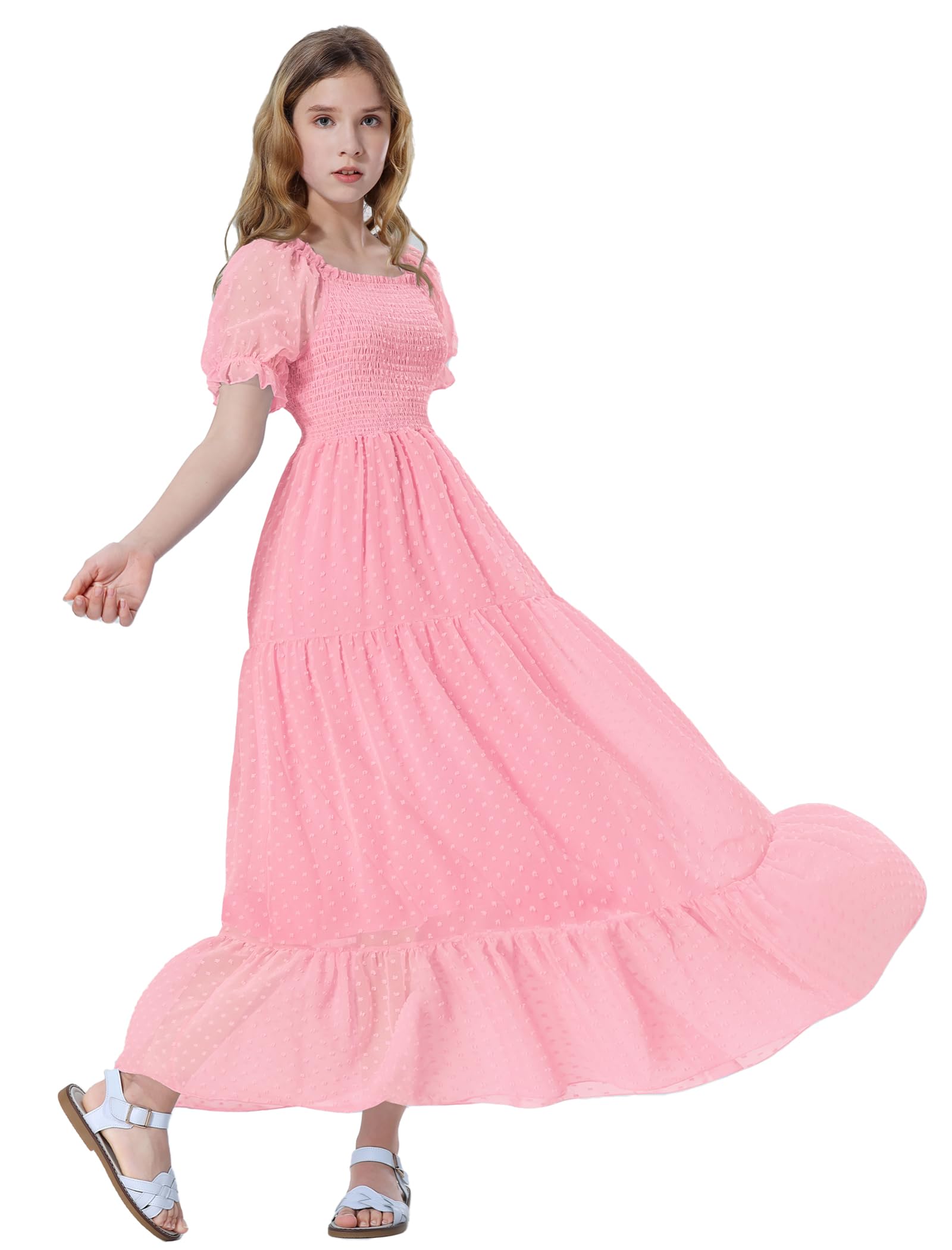 EXARUS Vestido largo fruncido para niñas de 6 a 12 años con cuello cuadrado, manga corta, casual, acampanado, para adolescentes, lunares suizos, de verano | Vestidos acampanados para adolescentes, para vacaciones, playa, baile, casual, fiesta de regreso a