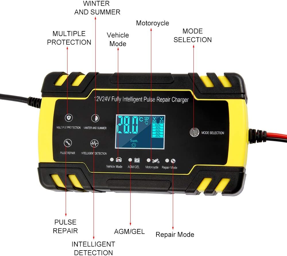 Automatic Smart Battery Charger Car 12V/24V | Pulse Repair Charger with LCD Display | Intelligent Mode Overvoltage Protection Temperature Monitoring for Car, Truck, Motorcycle, Boat, SUV, ATV