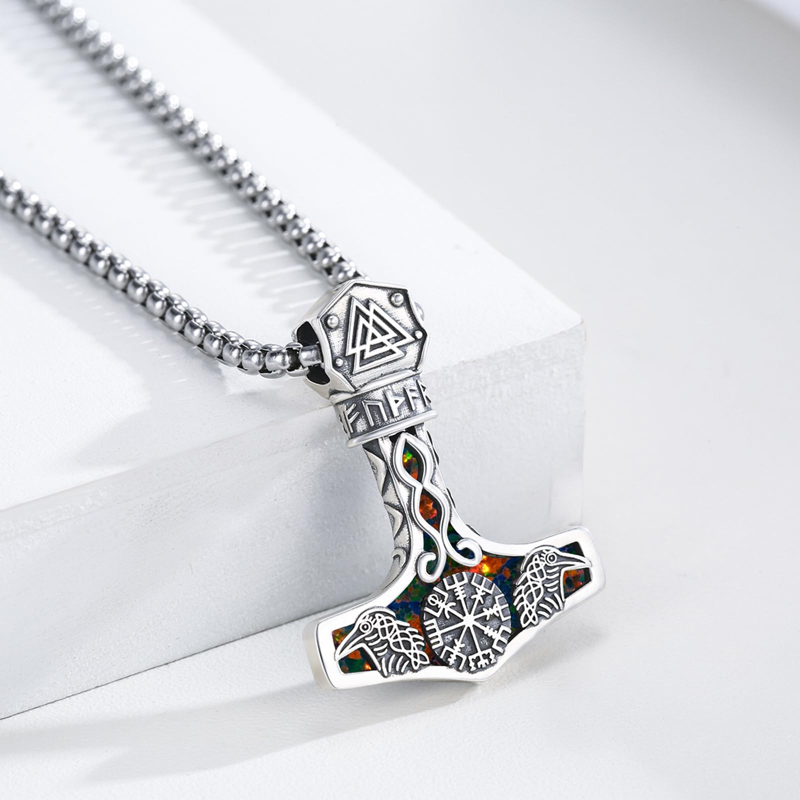 Mjolnir Halskette Sterling Silber Wikinger Kompass Anhänger Thor Hammer Rabe Halskette Nordische Runen Vegvisir Amulett Schmuck Geschenke für Frauen Männer