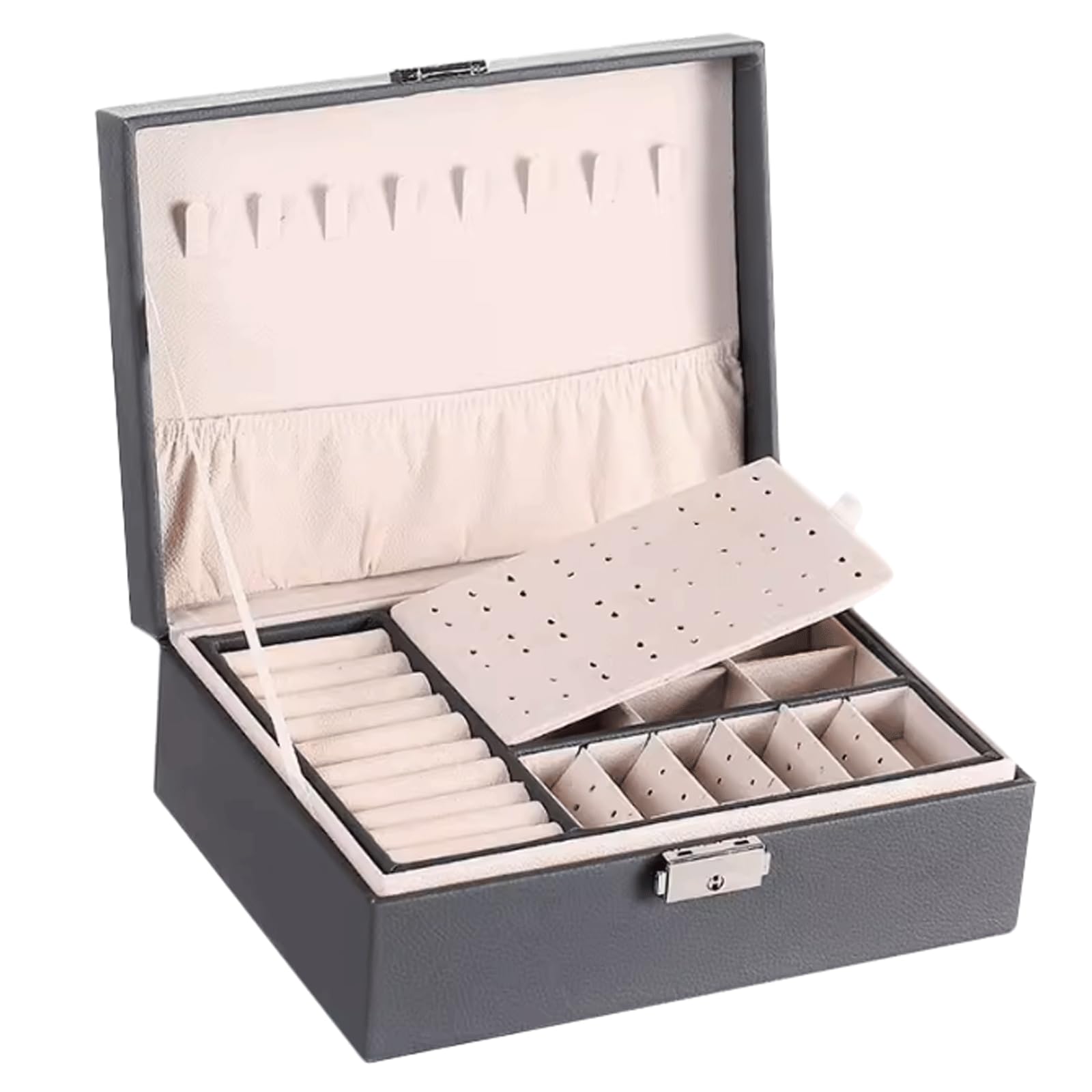 Caja de joyería de cuero PU, caja de almacenamiento de collares de 2 capas, caja organizadora de joyas con cerradura para anillos, pendientes, collares