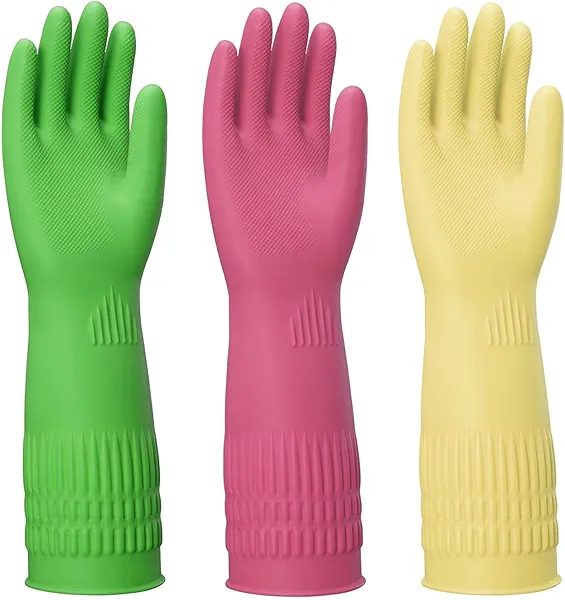 ccebwyny Rubber Gloves for Cleaning – 3 Pairs Reusable Gloves for Dishwashing, Kitchen and Household Tasks, 15-Inch Long, Non-Slip and Waterproof (Large)