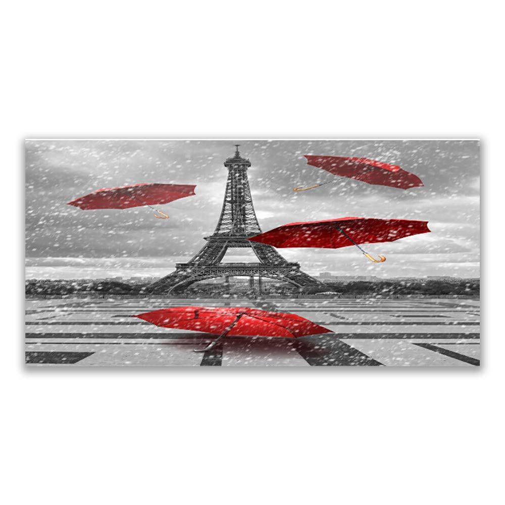Tableau sur verre trempé 140x70 cm Tour Eiffel et parapluie rouge pour décoration murale moderne