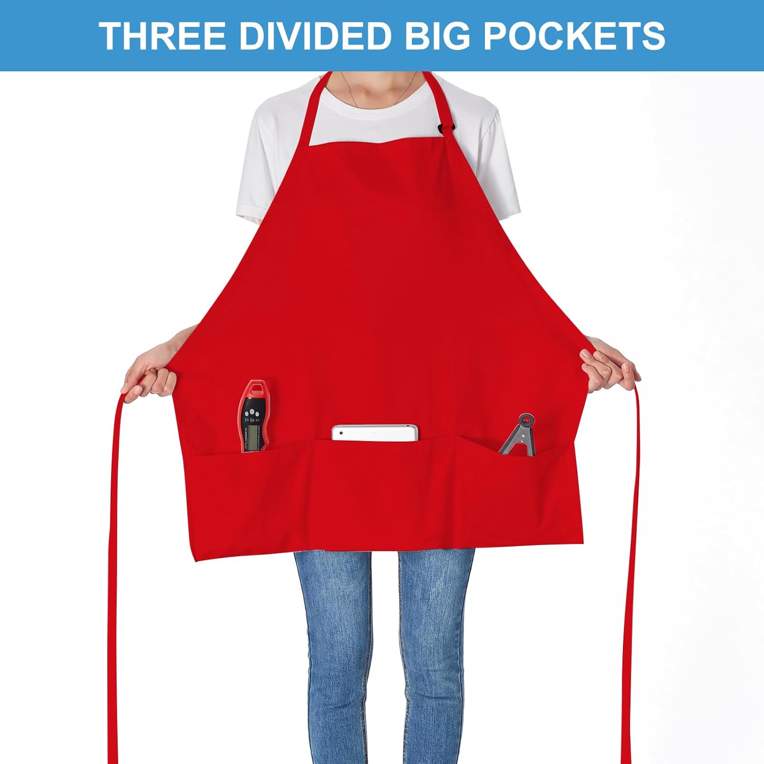 Jubatus 2 Pack 3 Pockets 100% Cotton Adjustable Bib Apron Chef Kitchen Cooking Aprons for Women Men, Red - Image 2