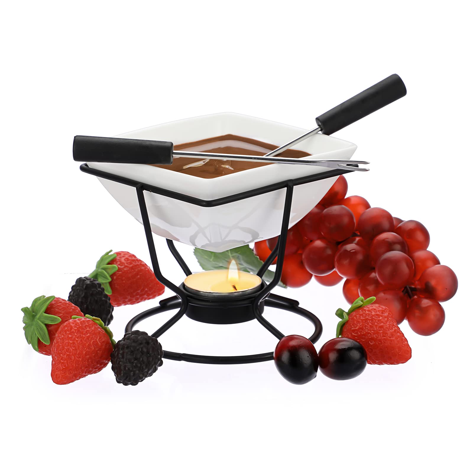 SUMNACON Set di pentole in ceramica con 2 forchette di cioccolato, fonduta di formaggio, fonduta per cioccolato, formaggio, fonduta, cena di famiglia, dessert, feste di vacanza, bianco quadrato