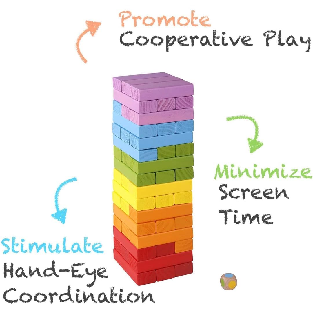 HERBASTRY 54 Pcs Printed Educational Wooden Stacking Tumbling Tower Blocks Toys, Building Blocks for Kids with Dice -Multi 3