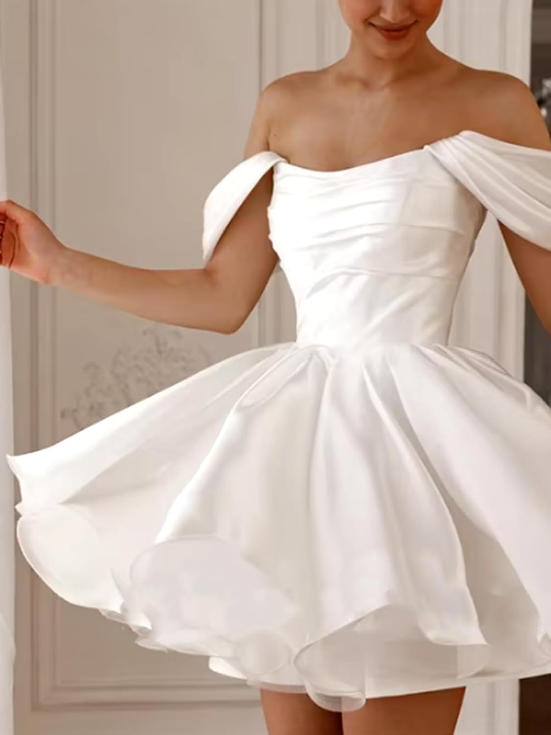 Elegant Off the Shoulder Short Wedding Dresses for Bride Modest Pleated Satin Mini Bridal Shower Dress for Women