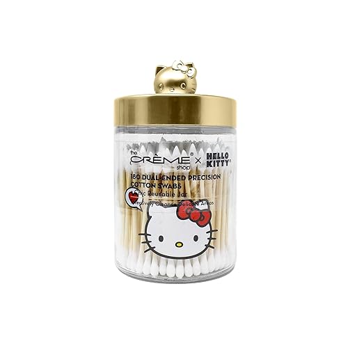 The Creme Shop x Hello Kitty Chic - Tarro de oro mate reutilizable con hisopos de algodón puntas de doble punta para una limpieza suave y una fácil