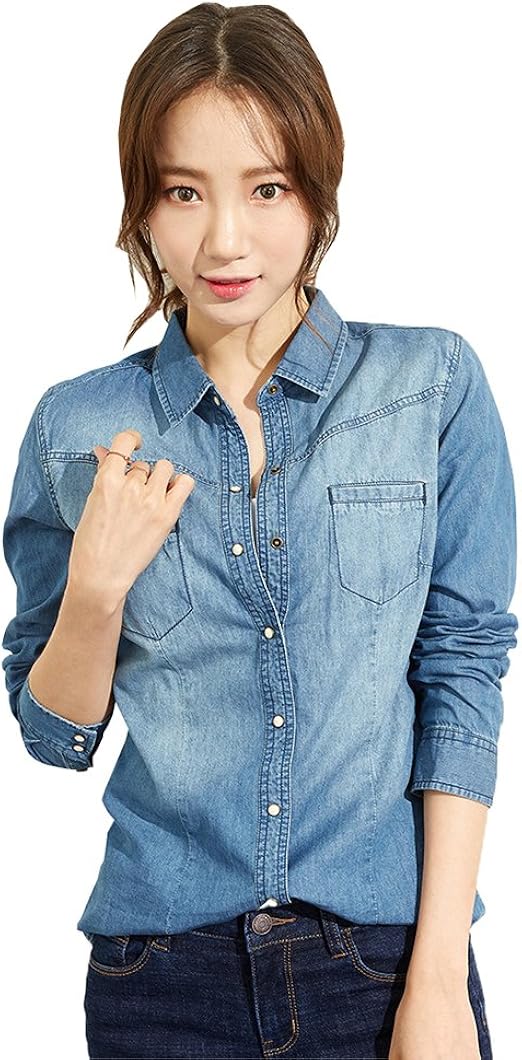 Amazon Fevon ブラウス レディース 長袖 デニム 春秋 シャツ スリム デニムシャツ カジュアル きれいめ トップス カットソー 折り襟 前開き コットン 柔らか 着やせ ワイシャツ Tシャツ 通勤 通学 シャツ ブラウス 通販
