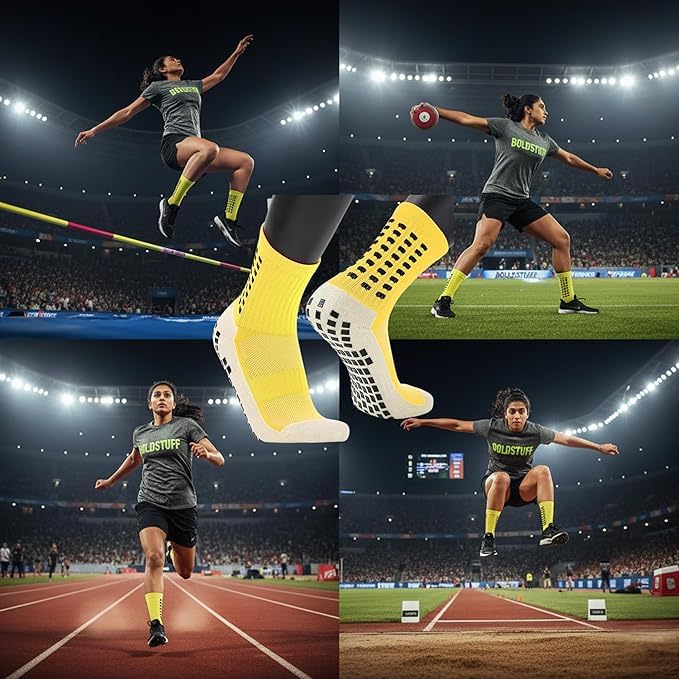 Image of Hi-Tech Performance Athletic Grip Socks for Men & Women Crew Length, Anti-Slip Rubber Grip socks for footballer, Thick Cushion Sports Socks for Running, Gym, Training