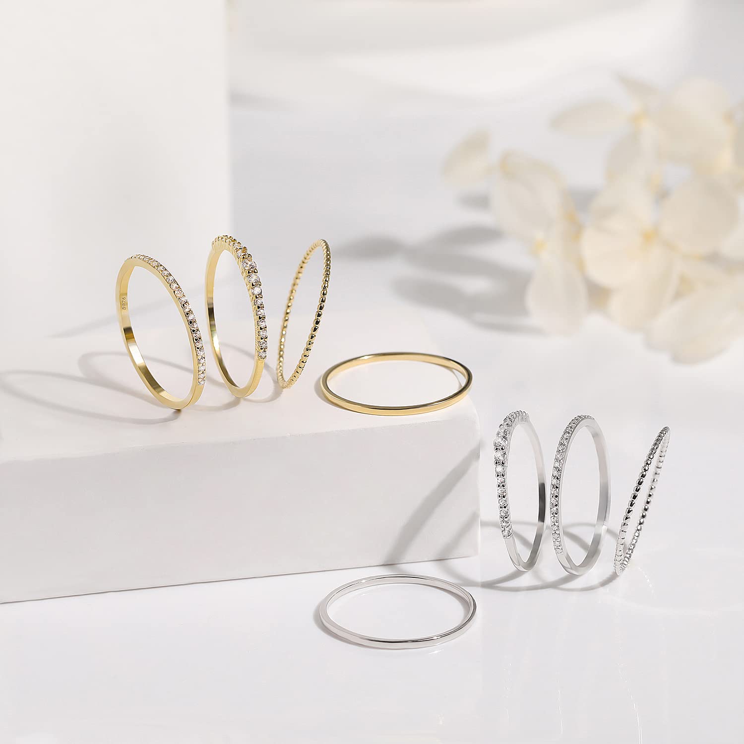 Meissa Lot de 4 Bague Plaqué Or/Argent Bague en Pierres pour Femme Empilable délicate Ultra Fine Bague Bijoux Cadeau