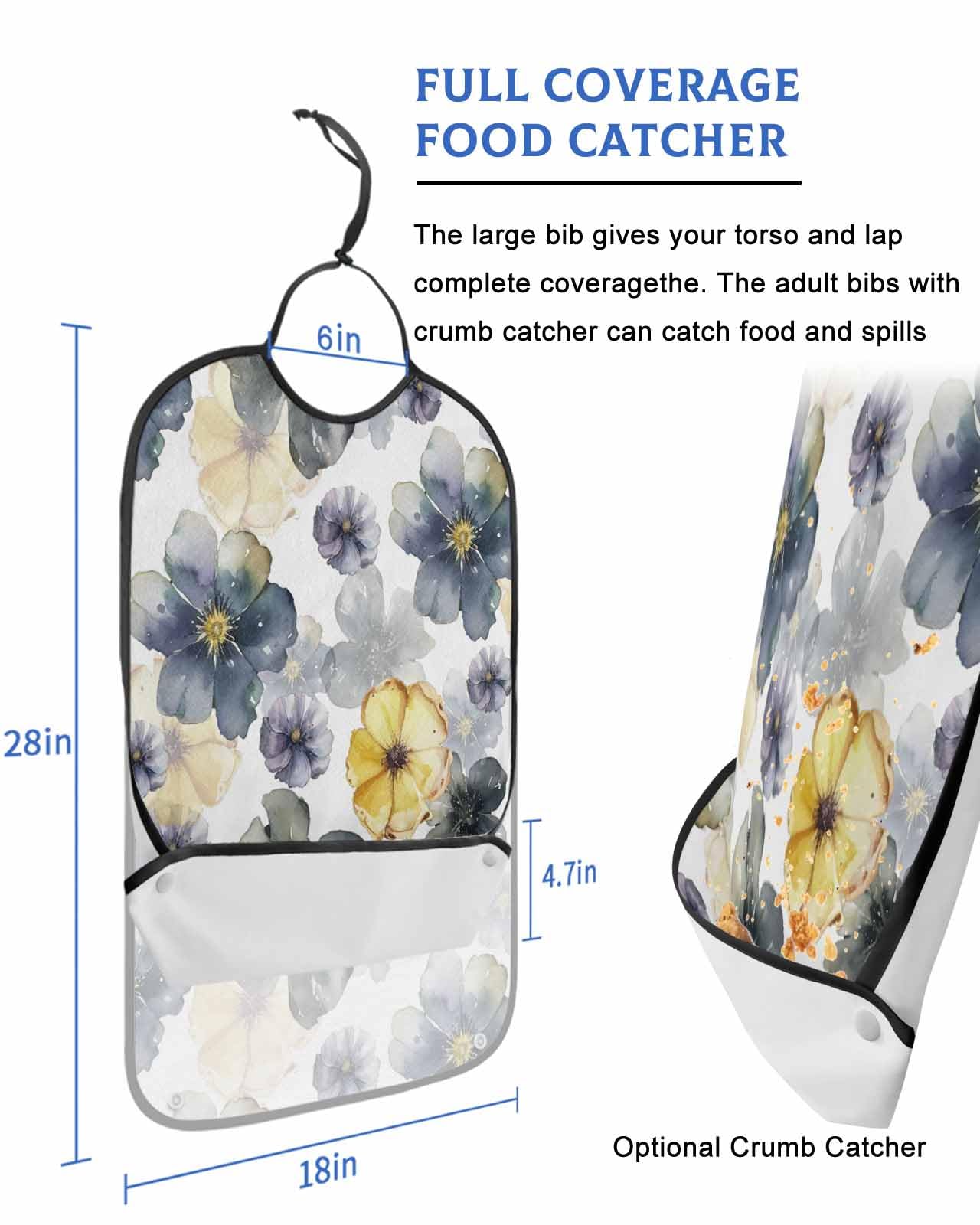 Ombre Flower Adult Bib for Eating with Crumb Catcher,Watercolor Yellow Purple Blue Green Floral Washable & Waterproof Terry Cloth Adjustable Elderly Women Men Adult Bibs Funny Apron Clothing Protector