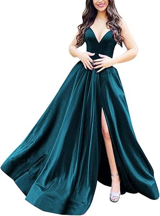 Womens Spaghetti Straps V Neck Prom Dresses Long Slit Satin Formal Evening Gowns with Pockets