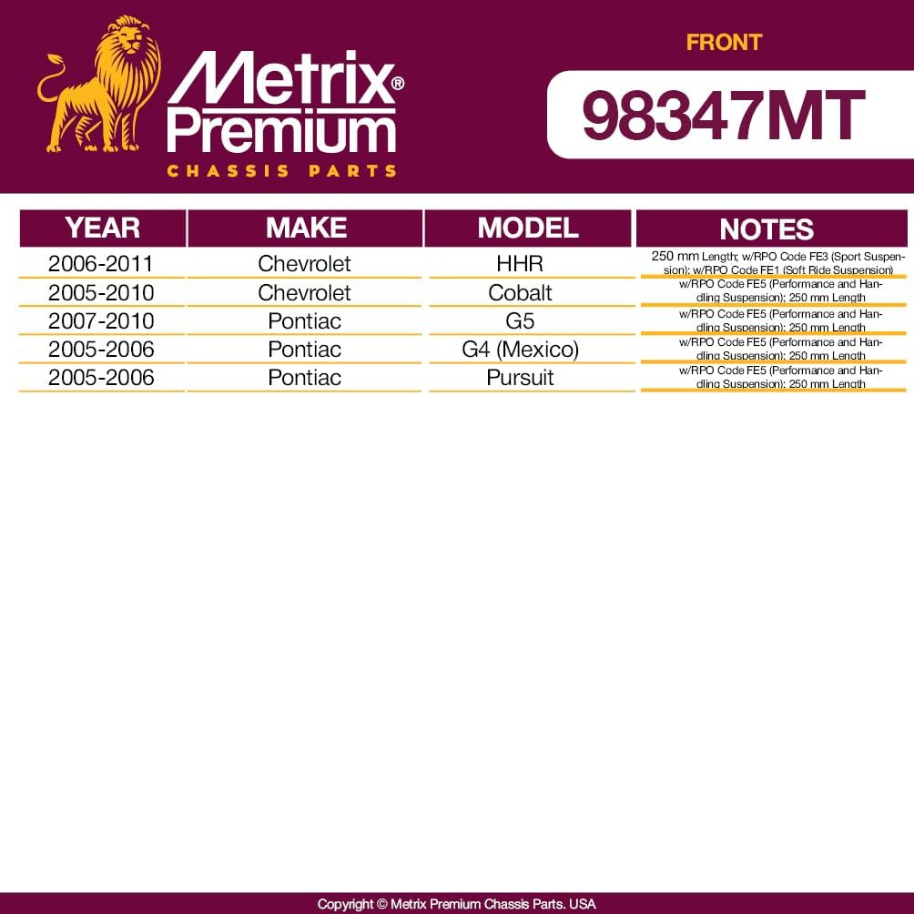 Metrix Premium Chassis Parts - 2 PC Front Sway Bar Stabilizer End Link Kit Fits 250 MM 06-11 Chevrolet HHR, 05-10 Cobalt, 07-10 Pontiac G5, 05-06 Pursuit, Replacement K750012, Made in Europe