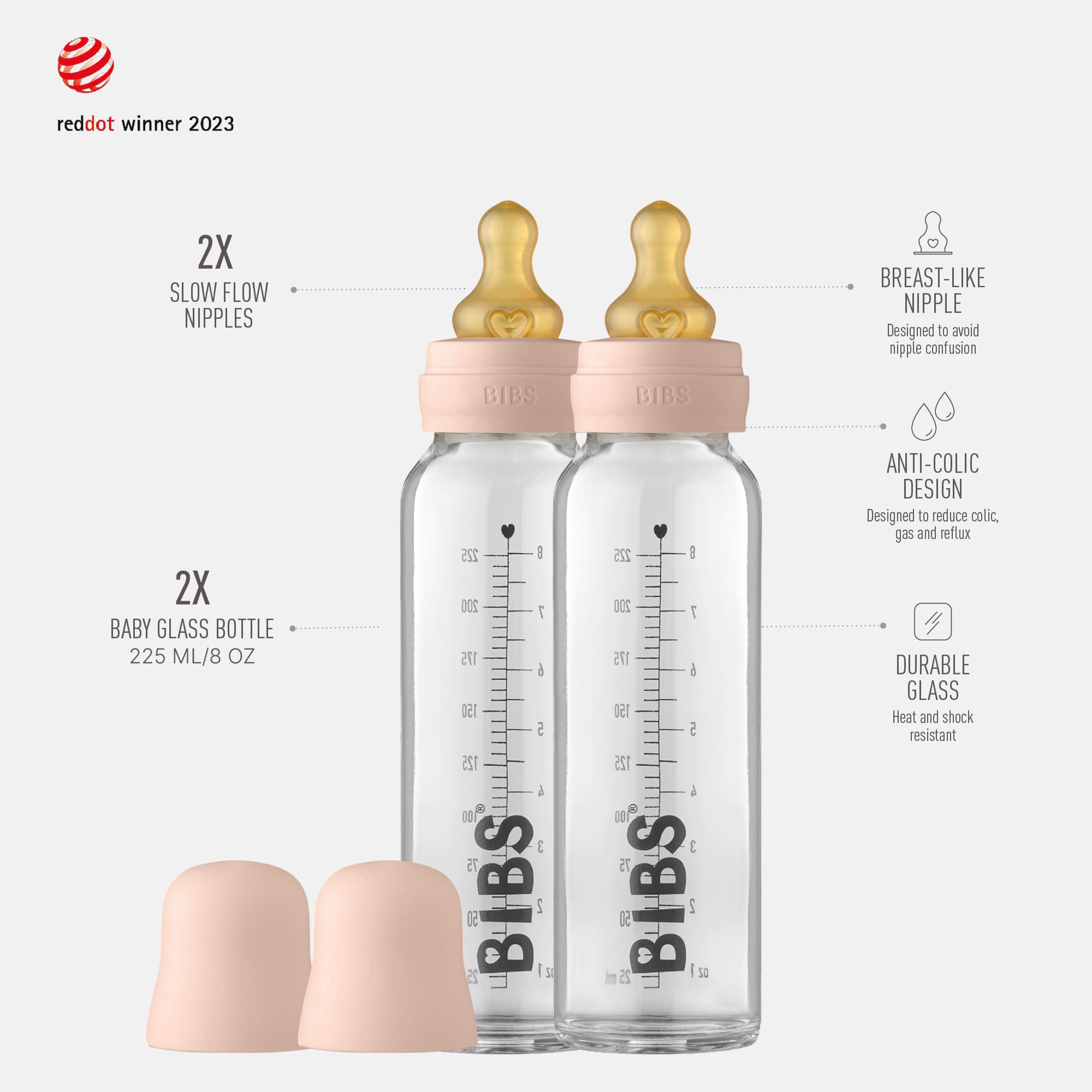 Butelka ze szkła BIBS. Antykolka, zestaw 2. Okrągły smoczek z naturalnego lateksu kauczukowego, wspomaga naturalne karmienie piersią, kompletny zestaw - 225 ml (opakowanie 2), róż