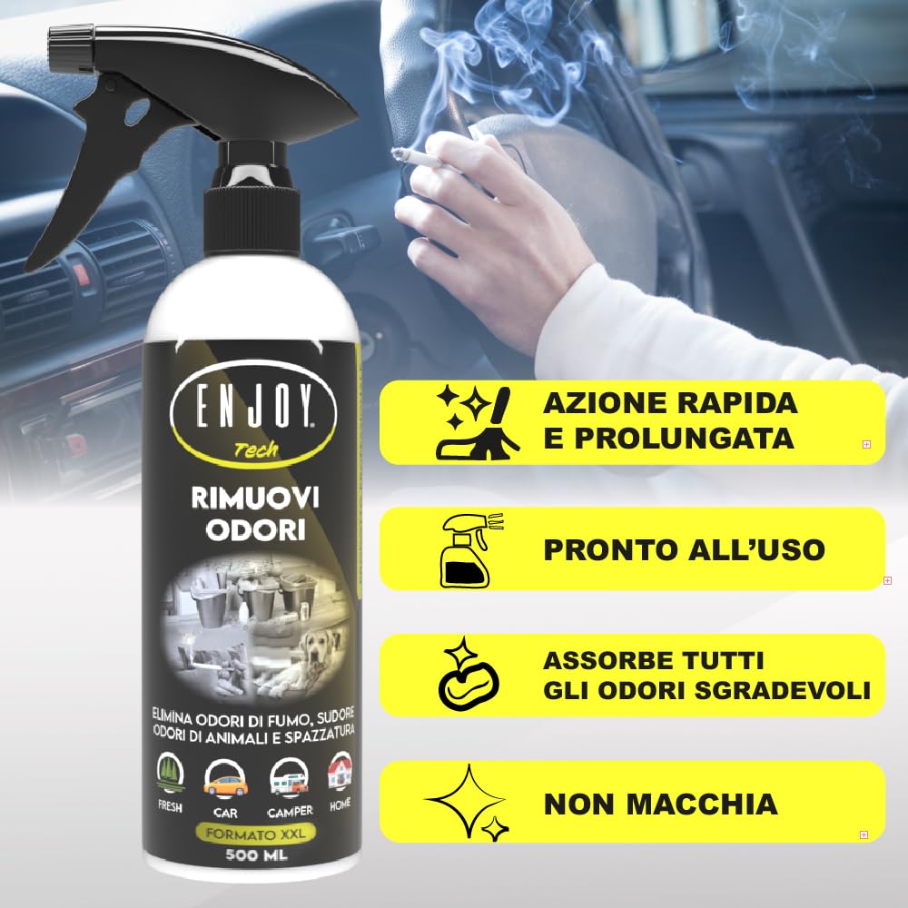 ENJOY TECH Rimuovi Odori Spray 500 ml – Neutralizza Odori di Fumo, Animali, Cibo e Sudore – Assorbi-Odori per Tessuti, Divani, Auto, Scarpe e Accessori Sportivi – Made in Italy