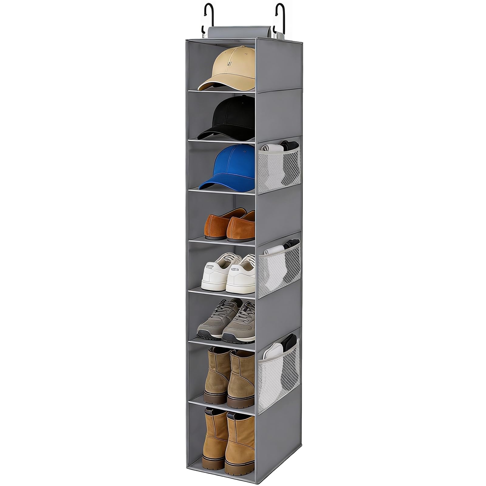 VERONLY Hanging Shoe Organizer for Closet 8-Shelf Hanging Storage with Side Mesh Pockets Wider Shelves for Baseball Caps