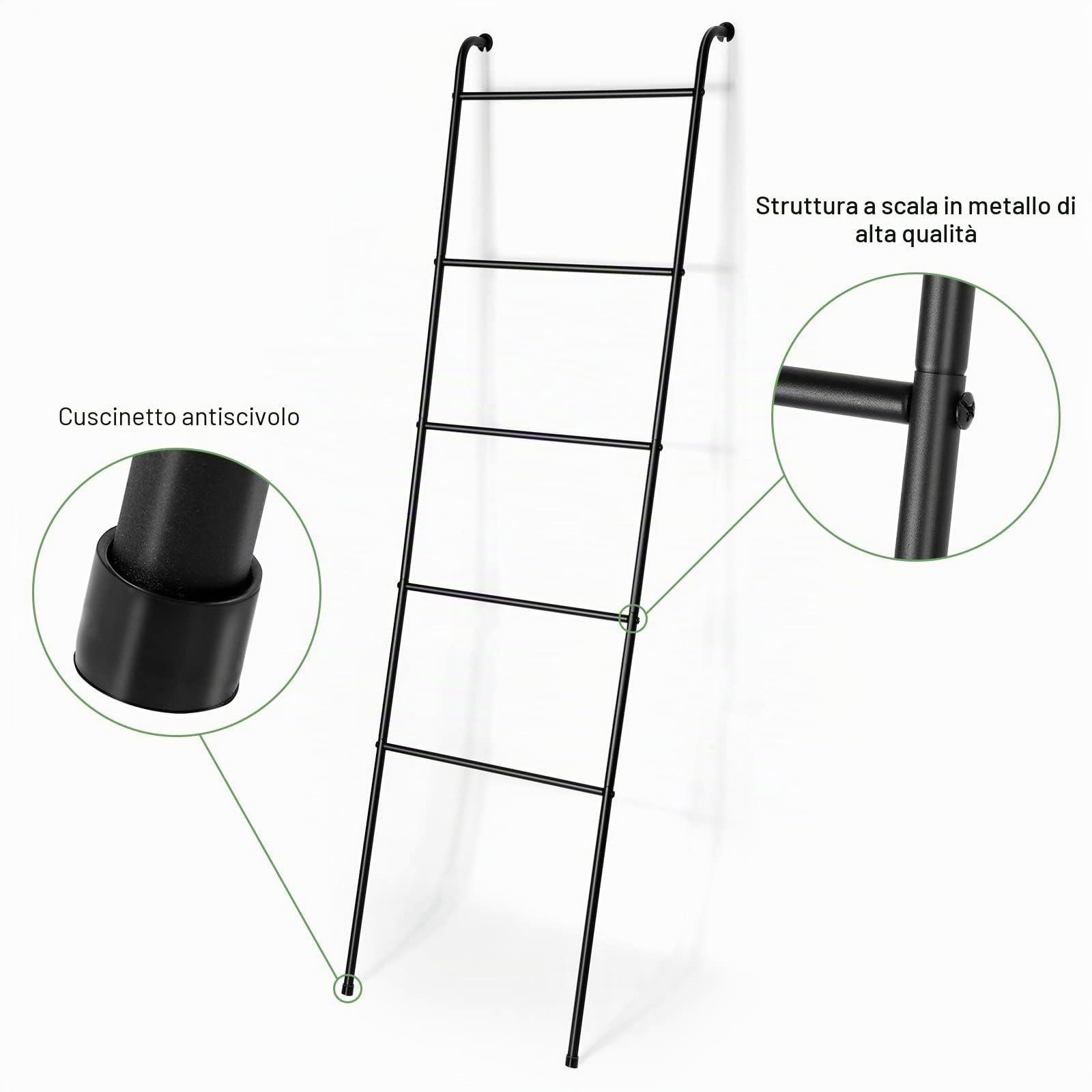 Portasciugamani a scala, in metallo nero, 5 ripiani, scala industriale, per bagno, soggiorno, lavanderia (nero opaco)