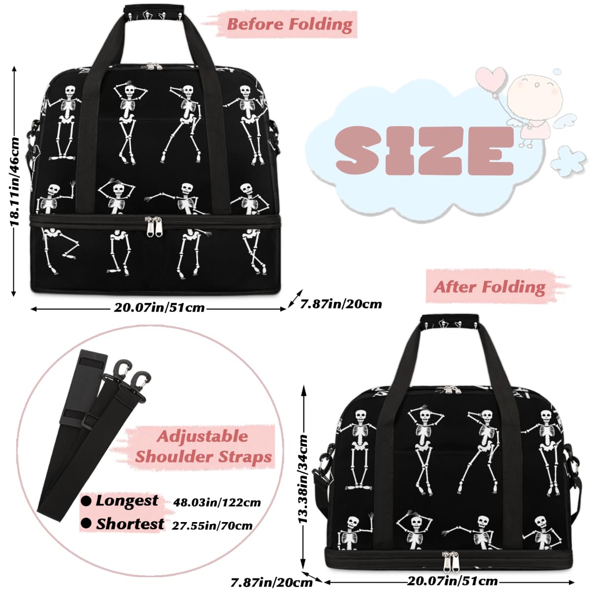 Sac de voyage amusant squelette de danse pour homme et femme - Sac fourre-tout pliable - 47 l - Pour sport, gym, yoga, couleur, 47 L, Organiseur de sac