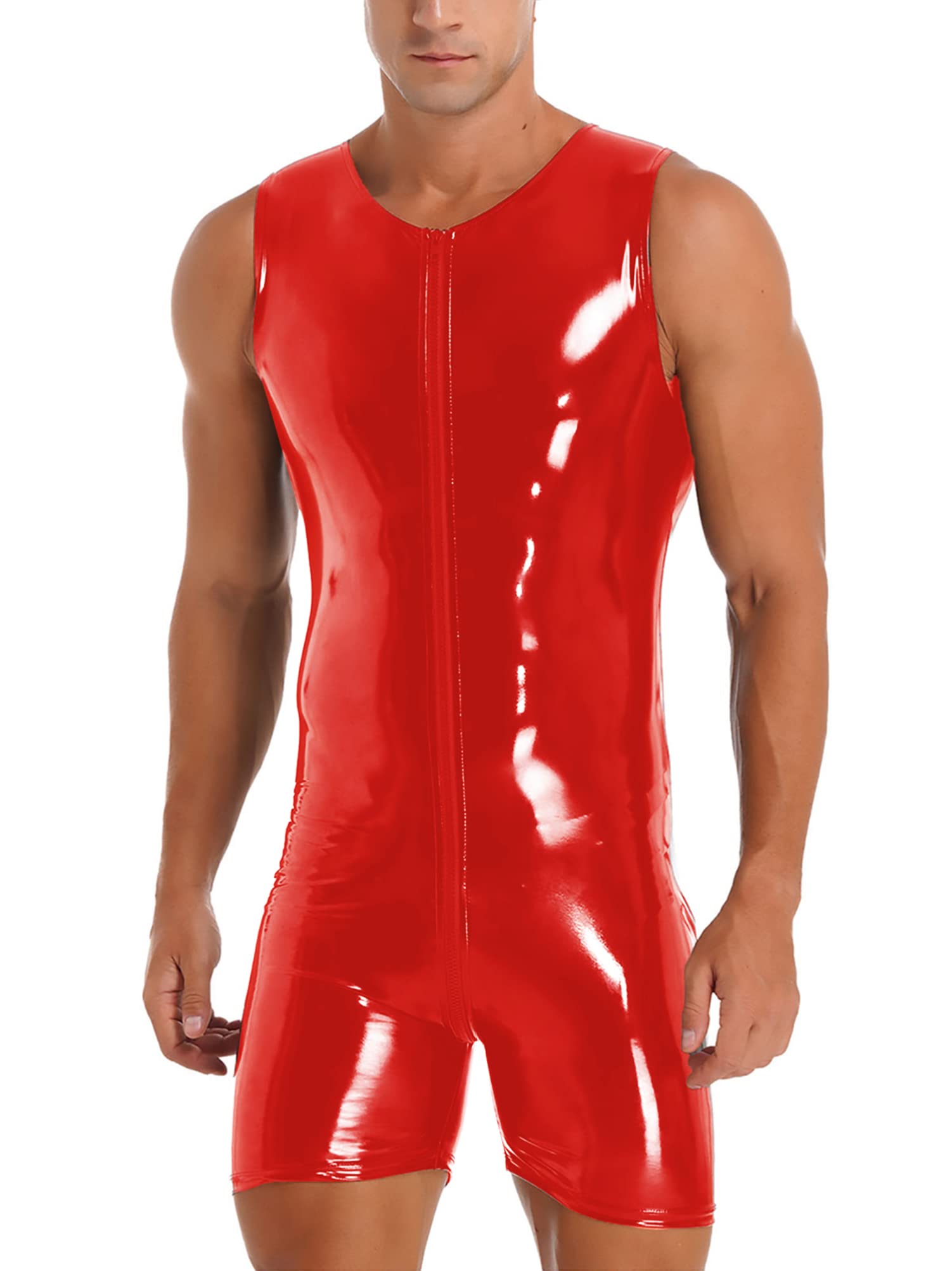 CHICTRY Men's Shiny Metallic Leotards One Piece Zipper Bodysuit Jumpsuit Wrestling Singlet Swimsuit 3# Red M