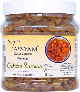Tassyam Golden Raisins Healthy Juicy Hand-Sorted Jumbo Indian Kishmish Jar, 700g