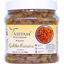 Tassyam Golden Raisins Healthy Juicy Hand-Sorted Jumbo Indian Kishmish Jar, 700g