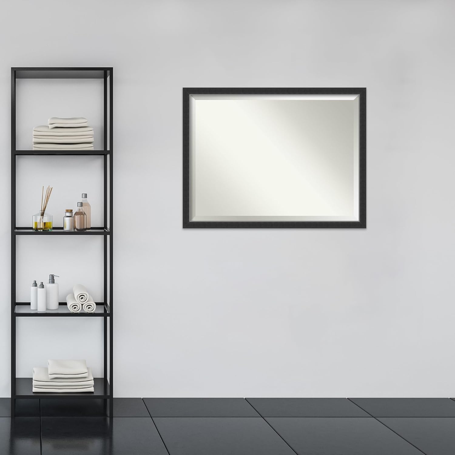 Amanti Art Black Bathroom Mirror for Over Sink, 33x43 Corvino Black Narrow Rectangle Vanity Mirror, X-Large Modern Wood Frame, Hangs Horizonally and Vertically, Bathroom Wall Decor, Beveled Edge