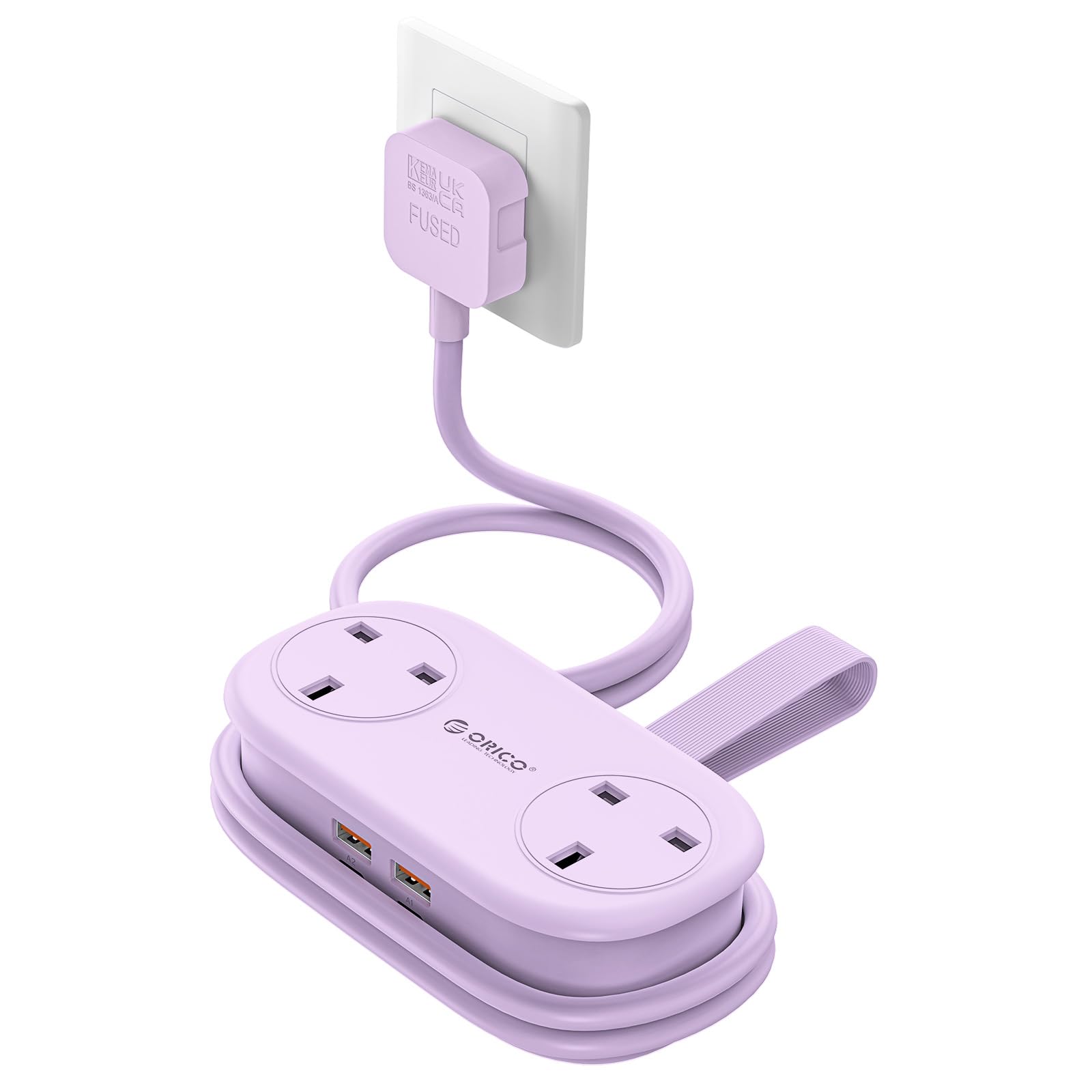 ORICO 65W GaN Travel Extension Lead with USB Slots (2 USB-A/2 USB-C), Flat Plug Power Strip with 2 Way Plug Extension Socket and 1.6M Extension Cord, Fast Charger for MacBook/iPad/iPhone - Purple
