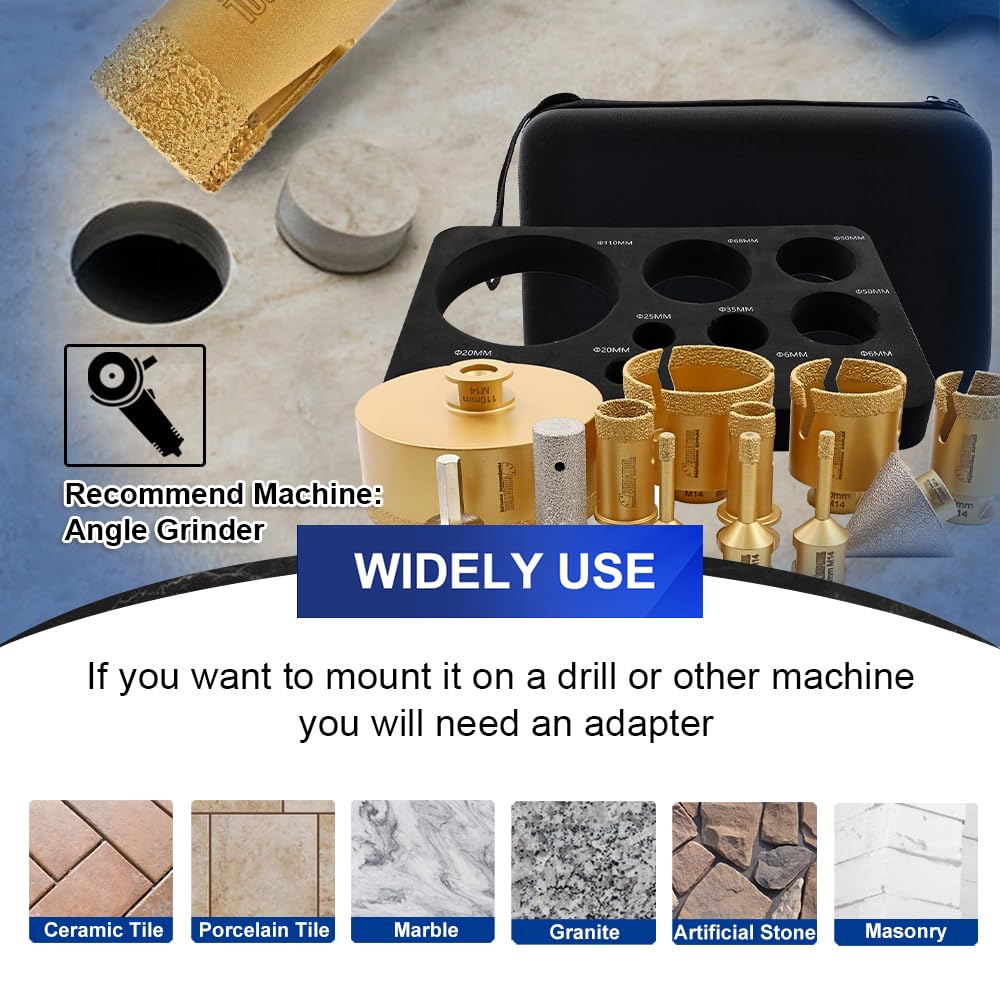 SHDIATOOL Broca de Diamante 12pcs (6/6/8/20/25/35/50/68/110+20mm Finger Milling Bit+50mm Broca biseladora+Hex) Kit de sierra de corona Brocas para azulejos para Porcelana Cerámica Mármol Rosca M14