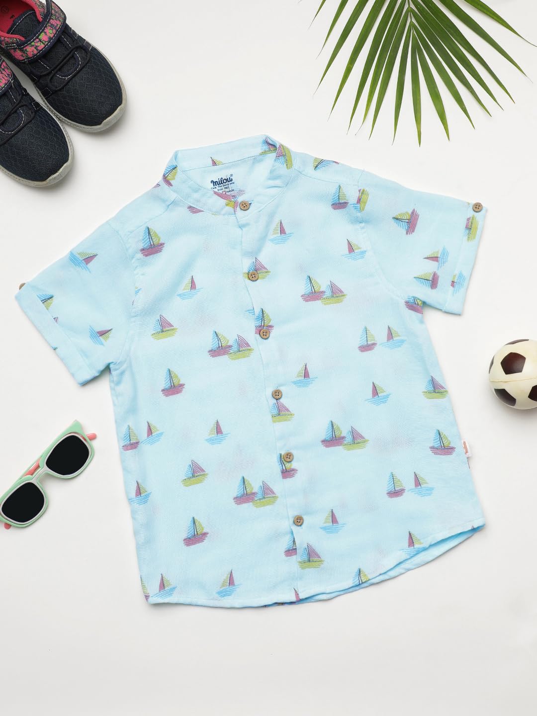Milou Cotton Half Sleeve Boat Printed Mandarin Collar Shirt - Light Blue - Image 5 thumbnail
