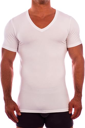 Obviously Essence - Deep V Neck Short Sleeve Undershirt - White - Large