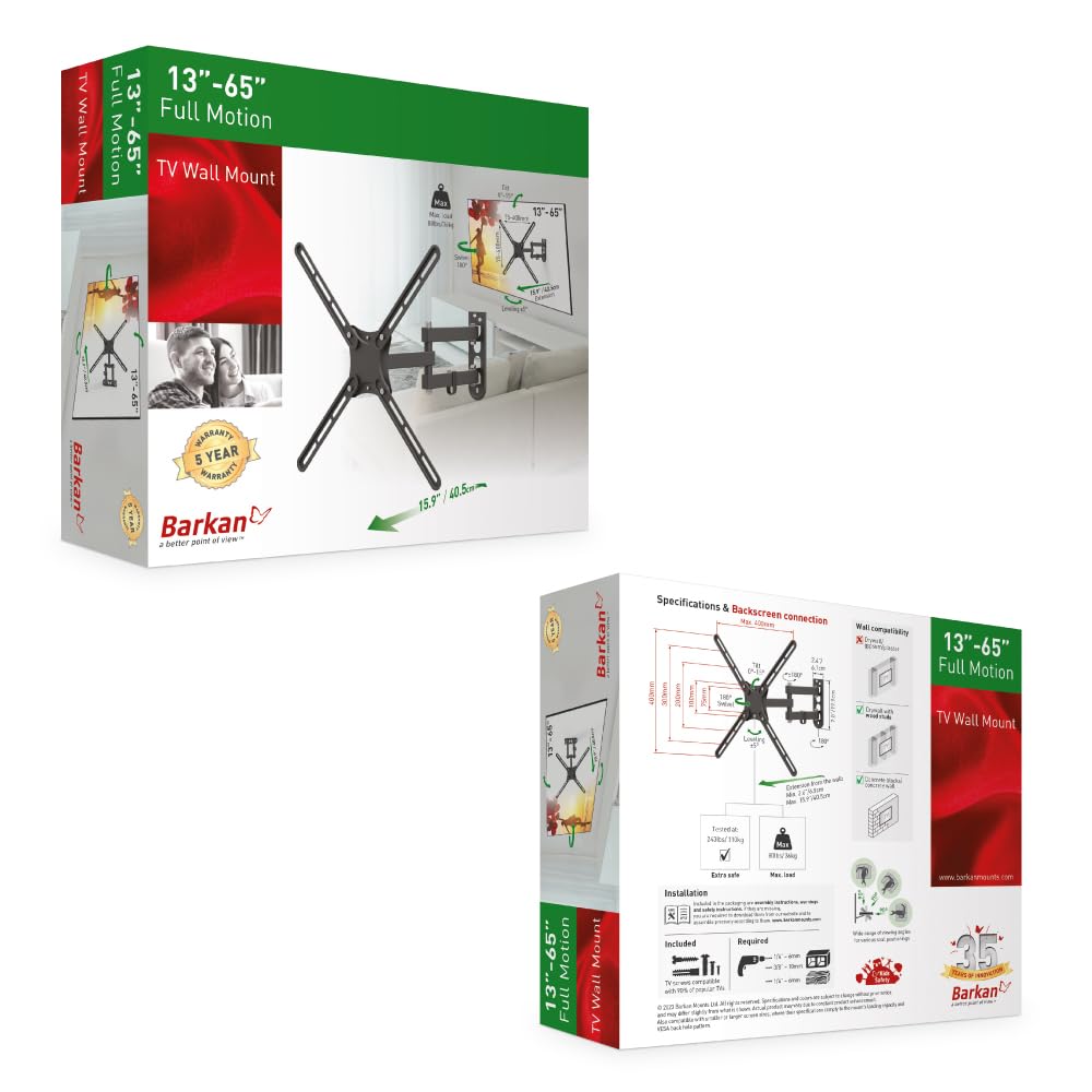 Barkan Lange tv-muurbeugel, 133 cm - 165 cm - 10 cm Full Motion Articulating - 4 bewegingen platte/gebogen schermbeugel, geschikt voor maximaal 36,2 kg, extreem uitschuifbaar, geschikt voor LED OLED