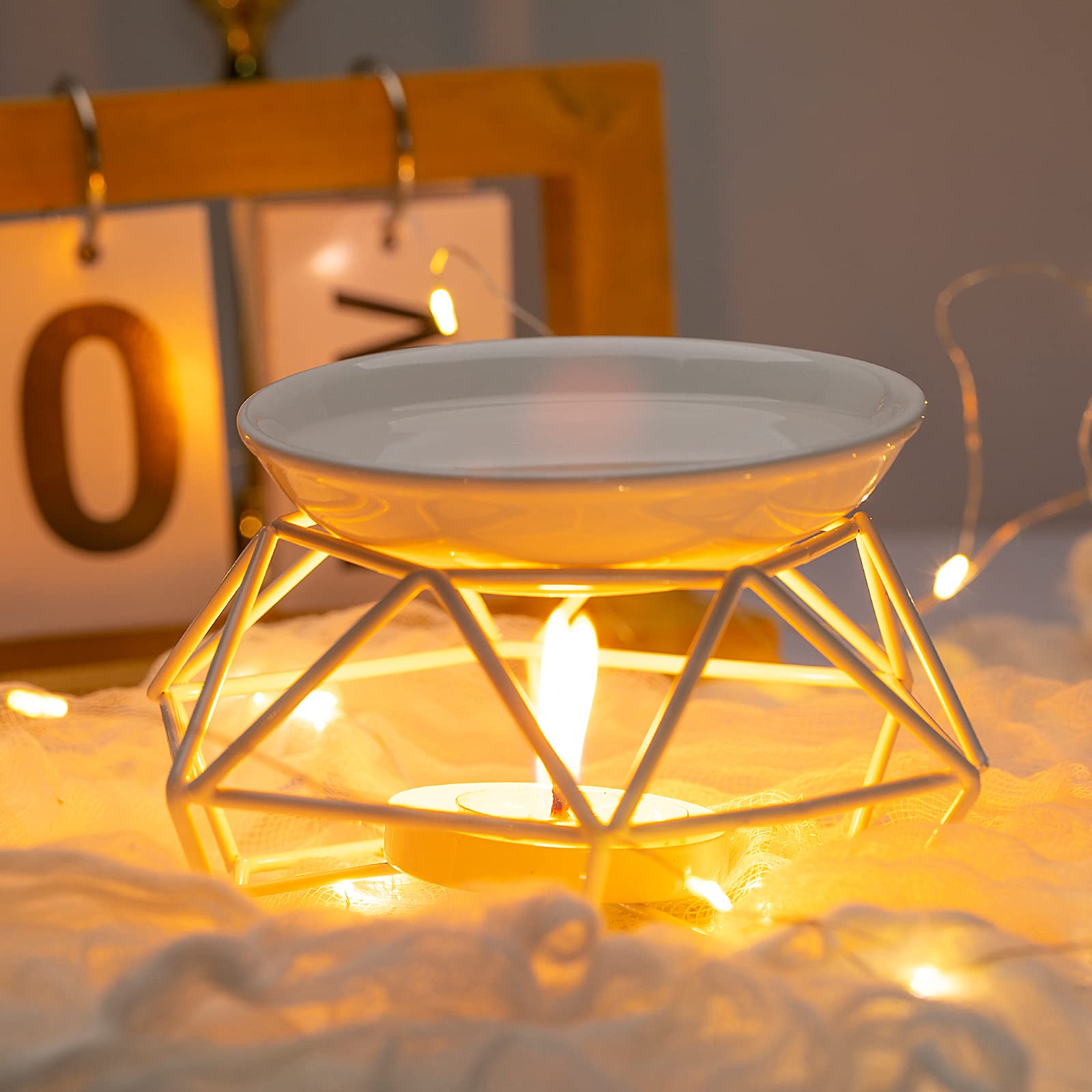 Lampe à Bougie parfumée en métal avec Support pour Bougie Chauffe-Plat(Blanc)