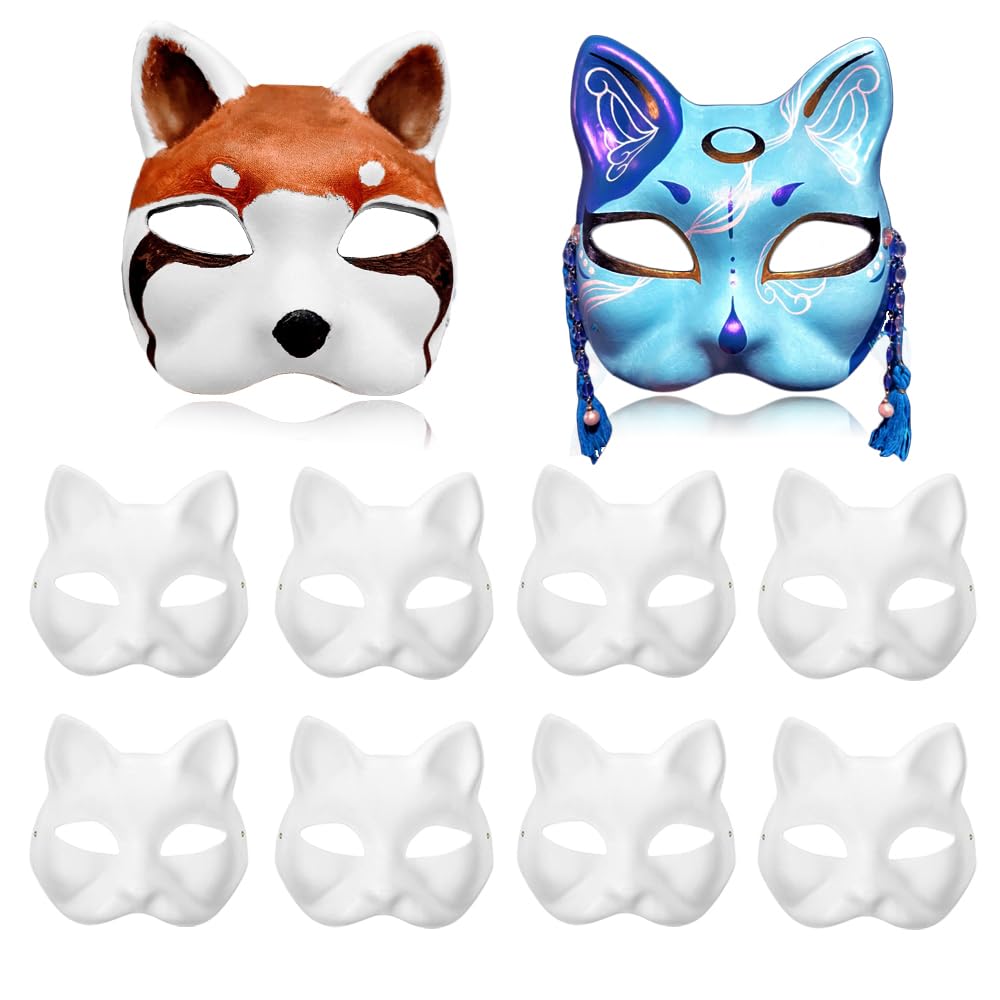 10 Pack Cat Masks for Kids DIY Blank White Cat Masks to Paint Half Animal Cosplay Dress Up Mask Masquerade Therian Masks Halloween Mask Costume for Masquerade Prop Party Cosplay