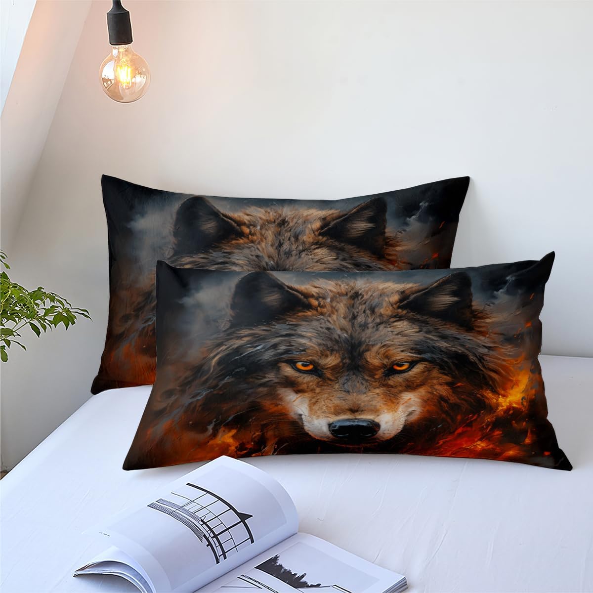 CCoutueChen Wolf Comforter Set Queen Size, Black Red Fire Microfiber Bedding Set, Western Wildlife Bedroom Decor, 90''x90''