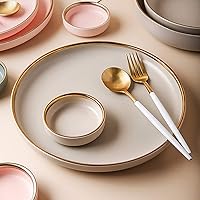Vista 5 de Plato de cerámica moderno de alta calidad, con borde dorado, plato de porcelana elegante para restaurante, juego de platos de cerámica aptos