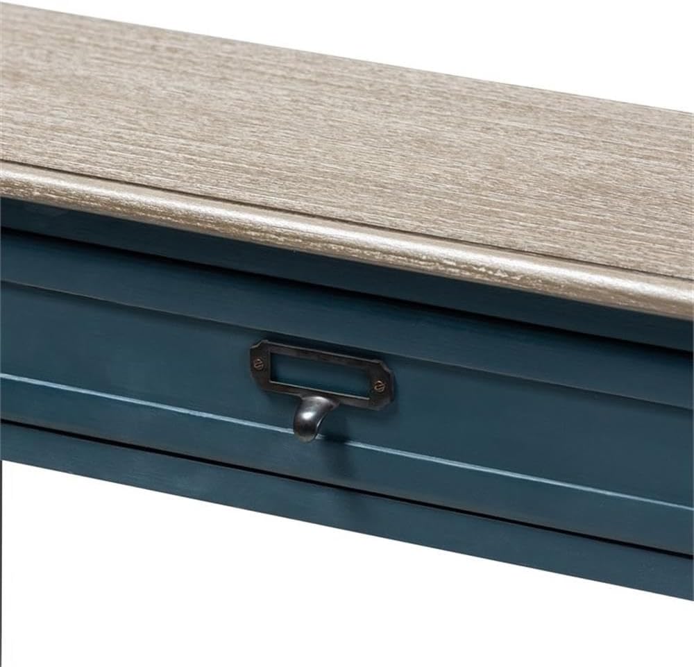 BOWERY HILL Contemporary Wood Console Table, Blue Spruce Finish, 1-Drawer, 2 Open Shelves, MDF and Mindi-Wood Construction, White-Streaked Veneer, Vintage Metal Tab Pull, Living Room or Kitchen